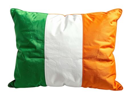 A fluffy pillow displays the Irish tricolor flag in green, white, and orange sections