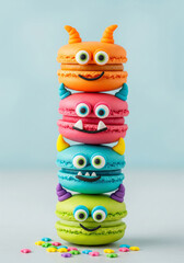 A vertical stack of cute and funny colorful monster macarons for a kids party on a blue background
