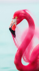 Surreal portrait of a beautiful pink flamingo dispersing into a cloud of pink powder on a light blue background