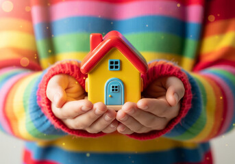 Child in a colorful rainbow sweater holding a small toy house in their hands with magical sparkles
