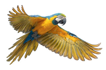 Vibrant blue and gold macaw in mid flight with wings fully spread showing avian majesty against a sleek backdrop portraying vivid exotic bird beauty and freedom