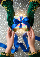 Hands in green velvet gloves giving a glowing gift box with a blue ribbon to another person on a sparkling background