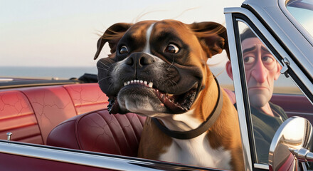 Funny cartoon boxer dog with a happy expression enjoying a ride in a red convertible car with its grumpy owner