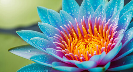 Macro shot of a beautiful blue water lily flower with pink and yellow center covered in fresh water drops