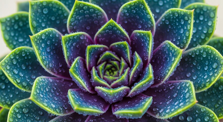Macro top view of a beautiful green and purple succulent plant covered with fresh water droplets