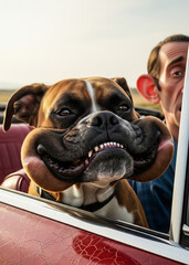 Funny cartoon boxer dog with wind blowing in its face during a car ride with a surprised owner in the background