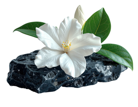 A pristine white flower with green leaves and a bud rests upon a dark, rough, irregular stone