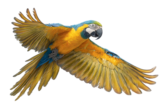 Vibrant blue and gold macaw in mid flight with wings fully spread showing avian majesty against a sleek backdrop portraying vivid exotic bird beauty and freedom