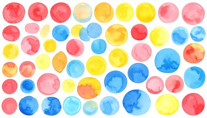 Vibrant abstract watercolor circles background texture, a collection of colorful hand-painted dots in red, yellow, and blue artistic design