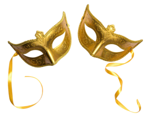 Two ornate, gold-colored masquerade masks with decorative swirls and trailing ribbons, isolated