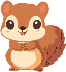 Adorable cartoon squirrel with big eyes and fluffy tail, cute forest animal illustration for children’s design, autumn decor, and educational materials