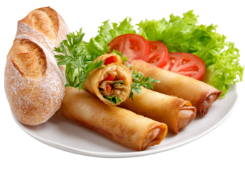 Delicious spring rolls with fresh vegetables, served with crusty bread isolated on transparent background for a tasty and healthy meal