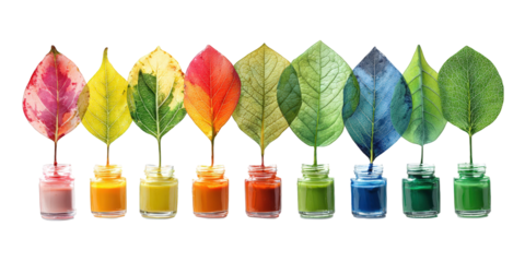 Colorful leaves in jars of vibrant hues