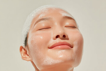 A serene close-up of a woman enjoying a foamy facial cleanse, showcasing radiant skin and a peaceful expression. The style is modern and realistic.