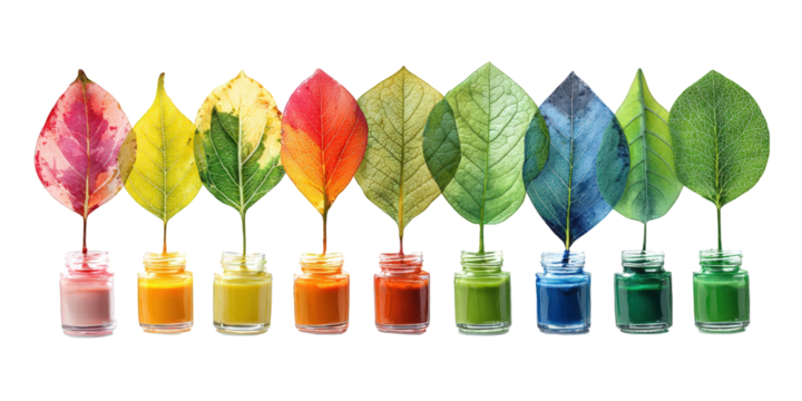 Colorful leaves in jars of vibrant hues - Powered by Adobe