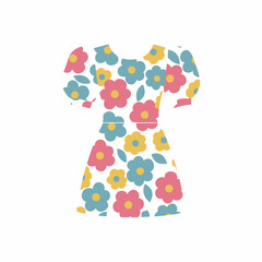 Floral Print Dress Illustration with Colorful Flowers and Short Sleeves.