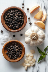 A vibrant, high-resolution image showcasing black pepper, garlic cloves, and salt on a marble surface, emphasizing their textures and natural colors.
