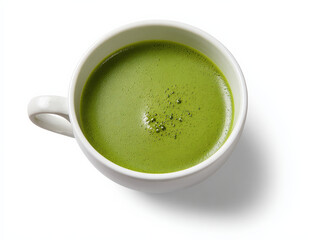 A close-up view of a creamy matcha latte in a white ceramic cup, showcasing its vibrant green color and frothy texture against a minimalist background.