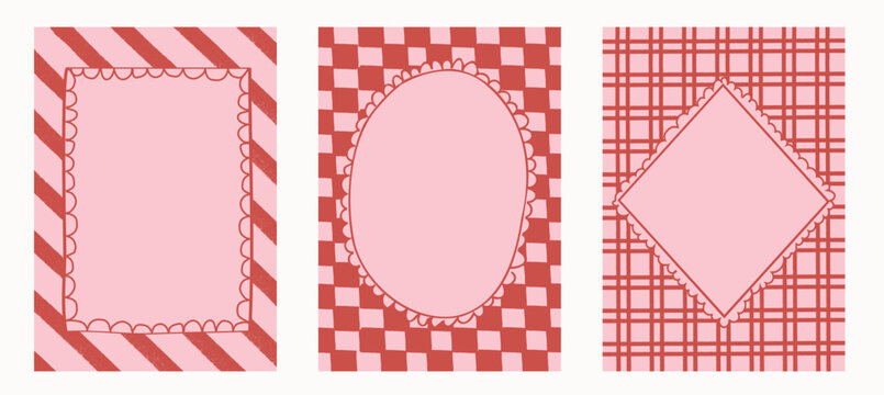 Retro pink and red frames with scalloped lace borders on striped, checkered, plaid patterns. Hand drawn doodle style backgrounds for Valentine stationery, scrapbooking, party invites. Vector templates