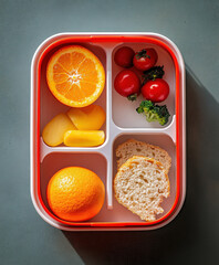 A vibrant, neatly arranged lunchbox featuring fresh fruits and vegetables, including an orange, cherry tomatoes, and broccoli, in a modern style.