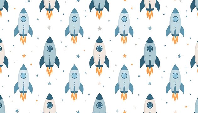 Repeating pattern of cartoon rockets and stars on white background
