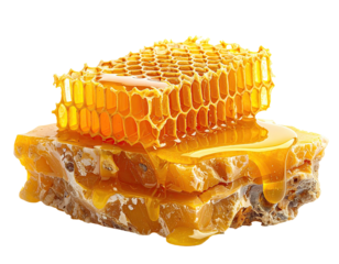 Golden honeycomb with sweet, dripping honey, against a stark black background. Close-up details