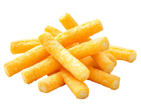 Pile of crispy cheese puff sticks, a popular snack, isolated on transparent background, perfect for satisfying cravings and enjoying