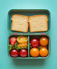 A vibrant, flat-style image of a lunchbox featuring two slices of bread, colorful tomatoes, strawberries, and lettuce on a teal background.