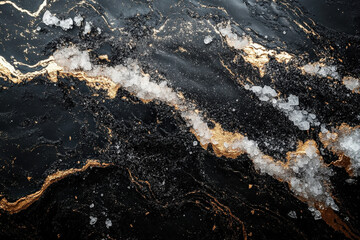 A luxurious abstract design featuring black marble with gold veins and textured salt crystals. The piece exudes sophistication and depth.