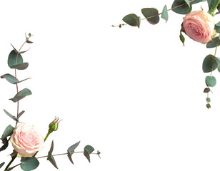 Floral arrangement with pink roses and eucalyptus leaves, set against a stark black background