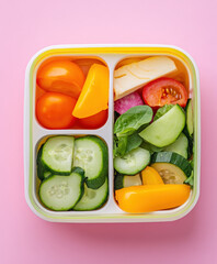 A vibrant flat lay of a lunchbox filled with colorful vegetables like cucumbers, tomatoes, and bell peppers, set against a soft pink background.