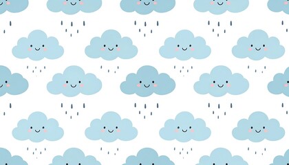 Repeating pattern of smiling blue clouds with rain drops on a white background