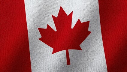 Close up textured view of the canadian flag with a prominent red maple leaf symbol waving gently