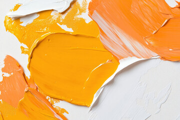 An abstract composition featuring vibrant orange and yellow paint strokes on a white canvas, showcasing a textured, modern art style.