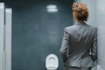 A realistic image of a woman in a gray business suit, standing in a modern restroom, facing away from the camera, with a sleek tile background.