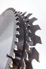 Metal circular saw for carpentry, woodworking. steel or wood cutting tool. Isolated circular saw blade discs with round cut circles and sharp teeth, woodwork or metalwork, cutter machine