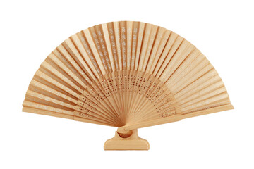 Open, light-wood fan, folding, with faint patterned paper