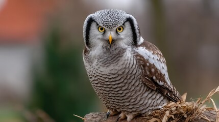 Northern hawk owl perched on a log with intense yellow eyes, surrounded by a blurred natural background during early morning
