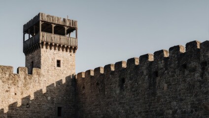 Medieval Fortress Wall and Tower with Wooden Observation Deck.