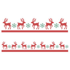 Repeating reindeer and snowflake pattern with red borders creating a festive design element for the holidays