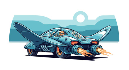 Futuristic Flying Car with Wings and Jet Engines Cartoon.