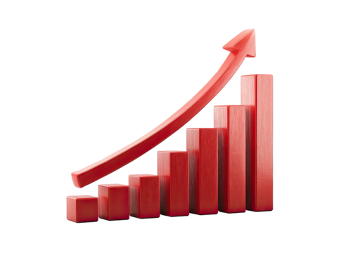 Ascending red bar graph with red upward arrow