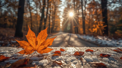 Golden autumn leaf on frosty forest path at sunrise