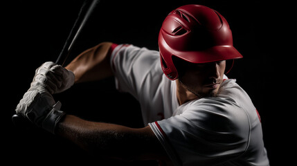 Baseball Player Wearing Red Helmet Ready to Hit the Ball on Black Background