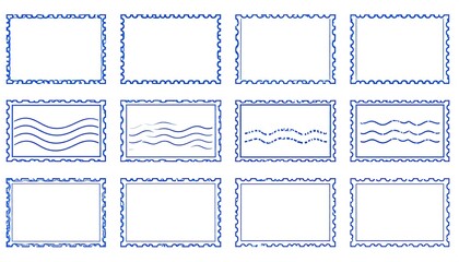 Set of stylized rectangular frames with decorative blue edges and wavy lines