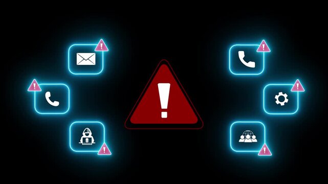 Scam alert warning. cybersecurity concept a prominent digital warning sign surrounded by alert icons, symbolizing online security threats, data protection, and scam prevention.