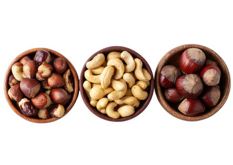 Obraz premium Three bowls of mixed nuts isolated on a black background