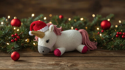 Knitted unicorn wearing santa hat surrounded by christmas decorations