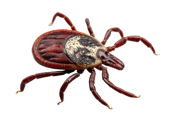 Engorged tick, maroon body, textured back, eight legs