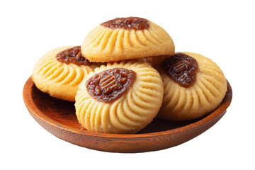 Traditional Maamoul cookies, one halved showing date and nut filling, isolated on white transparent background, concept of Arabic festive desserts